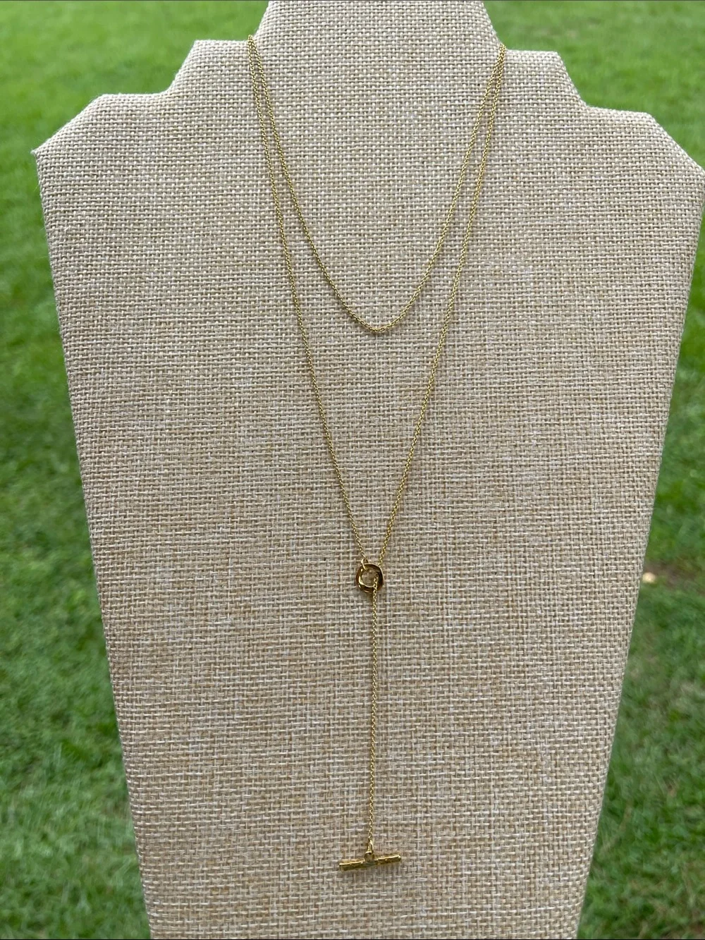 Trendy Gold-tone Long Lariat Necklace - Bar & Circle Necklace